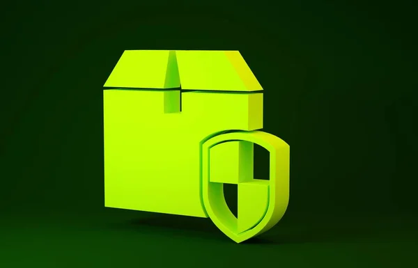 Yellow Delivery pack security symbol with shield icon isolated on green background. Delivery insurance. Insured cardboard boxes beyond the shield. Minimalism concept. 3d illustration 3D render — 스톡 사진