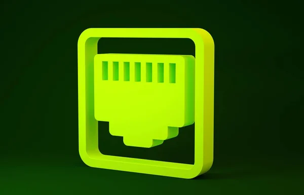 Żółty port sieciowy - ikona gniazda kablowego izolowana na zielonym tle. Lan, znak portu Ethernet. Ikona lokalnego złącza. Koncepcja minimalizmu. Ilustracja 3d — Zdjęcie stockowe