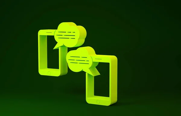 Giallo Nuova notifica di messaggi di chat sull'icona del telefono isolato su sfondo verde. Smartphone chatta messaggi sms bolle vocali. Concetto minimalista. Illustrazione 3d rendering 3D — Foto Stock