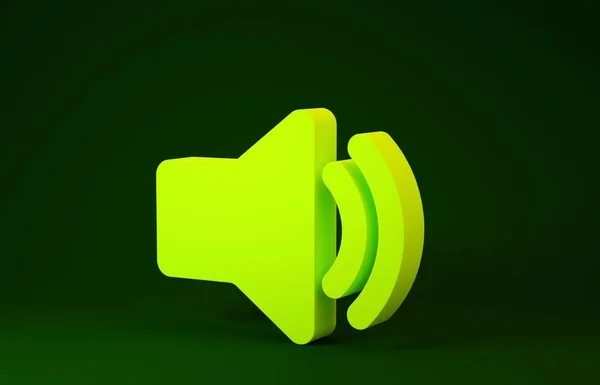 Gelbes Lautsprecherlautstärkesymbol - Audio-Sprachton-Symbol, Medienmusik-Symbol isoliert auf grünem Hintergrund. Minimalismus-Konzept. 3D Illustration 3D Renderer — Stockfoto