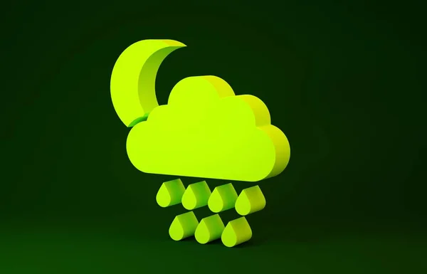 Yellow Cloud with rain and moon icon isolated on green background. Rain cloud precipitation with rain drops. Minimalism concept. 3d illustration 3D render