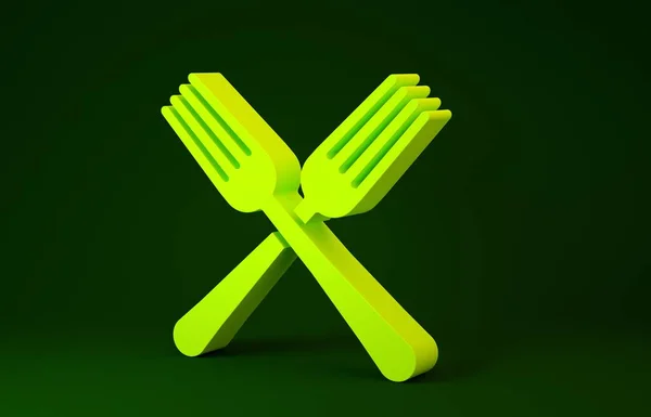 Ícone de garfo cruzado amarelo isolado no fundo verde. Símbolo de talheres. Conceito de minimalismo. 3D ilustração 3D render — Fotografia de Stock