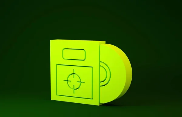 Disco de CD ou DVD amarelo no ícone da caixa isolado no fundo verde. Sinal de disco compacto. Conceito de minimalismo. 3D ilustração 3D render — Fotografia de Stock