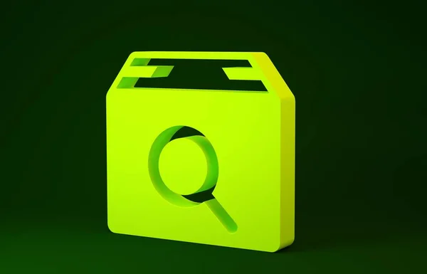 Ikona žlutého balíčku hledání izolovaná na zeleném pozadí. Symbol sledování balíků. Lupa a lepenková krabice. Logistické a doručovací. Minimalismus. 3D ilustrace 3D vykreslení — Stock fotografie