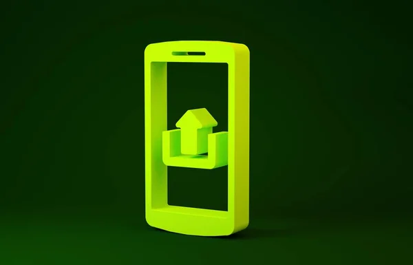 Yellow Smartphone with upload icon isolated on green background. Minimalism concept. 3d illustration 3D render — 스톡 사진