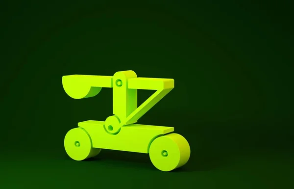 Yellow Old medieval wooden catapult shooting stones icon isolated on green background. Minimalism concept. 3d illustration 3D render — 스톡 사진