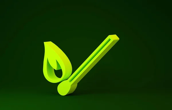 Sárga égő mérkőzés a tűz ikon elszigetelt zöld háttér. Egyezik a tűzzel. Gyufa aláírás. Minimalizmus koncepció. 3d illusztráció 3D render — Stock Fotó