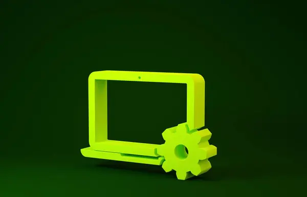 Amarillo Laptop y engranaje icono aislado sobre fondo verde. Concepto de servicio de computadora portátil. Ajuste, servicio, ajuste, mantenimiento, reparación, fijación. Concepto minimalista. 3D ilustración 3D render —  Fotos de Stock