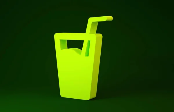 Vetro giallo con acqua e tubo per l'icona del bere isolato su sfondo verde. Bicchiere di soda. Concetto minimalista. Illustrazione 3d rendering 3D — Foto Stock