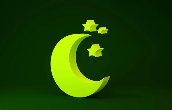 Sarı Ay ve yıldız ikonu yeşil arkaplanda izole edildi. Minimalizm kavramı. 3d illüstrasyon 3d canlandırma — Stok fotoğraf
