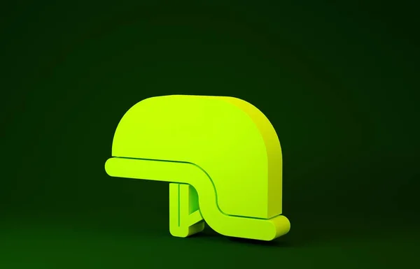 Ícone de capacete militar amarelo isolado no fundo verde. Chapéu do exército símbolo de defesa e proteção. Chapéu de protecção. Conceito de minimalismo. 3D ilustração 3D render — Fotografia de Stock