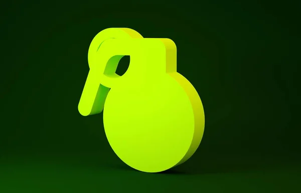 Ícone de granada de mão amarela isolado no fundo verde. Explosão de bombas. Conceito de minimalismo. 3D ilustração 3D render — Fotografia de Stock