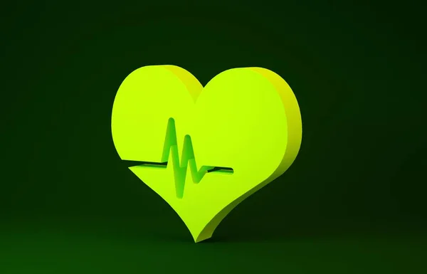 Icona della frequenza cardiaca gialla isolata su sfondo verde. Segno di battito cardiaco. Icona del polso cardiaco. Icona del cardiogramma. Concetto minimalista. Illustrazione 3d rendering 3D — Foto Stock