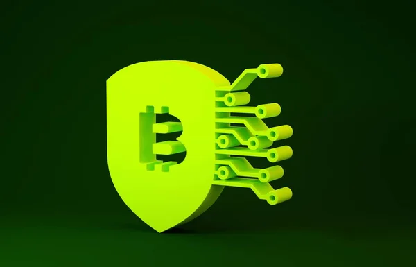 Żółta tarcza z ikoną bitcoin izolowane na zielonym tle. Kryptowaluta, technologia blockchain, bezpieczeństwo, ochrona, cyfrowe pieniądze. Koncepcja minimalizmu. Ilustracja 3d — Zdjęcie stockowe