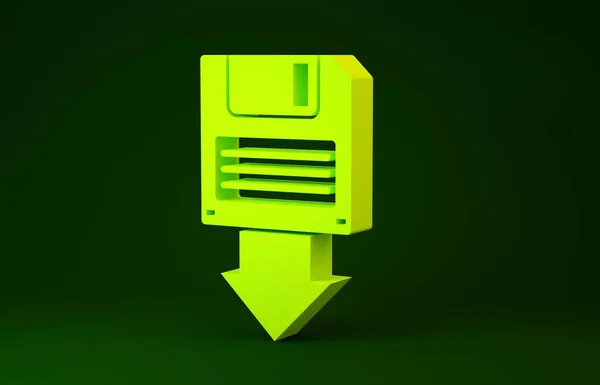 Ícone de backup do disco flexível amarelo isolado no fundo verde. Sinal de disquete. Conceito de minimalismo. 3D ilustração 3D render — Fotografia de Stock