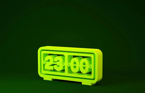 Icono de reloj retro amarillo aislado sobre fondo verde. Reloj con solapa de pared, plantilla de contador de números, todos los dígitos con volteretas. Concepto minimalista. 3D ilustración 3D render —  Fotos de Stock