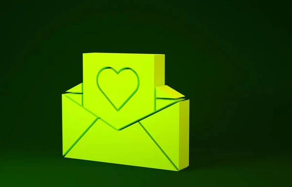 Gele Envelop met Valentijn hart pictogram geïsoleerd op groene achtergrond. Boodschap liefde. Brief liefde en romantiek. Minimalisme concept. 3d illustratie 3d renderen — Stockfoto