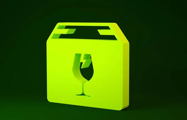 Caixa de pacote de entrega amarela com símbolo de conteúdo frágil do ícone de vidro quebrado isolado no fundo verde. Caixa, pacote, sinal de encomenda. Conceito de minimalismo. 3D ilustração 3D render — Fotografia de Stock