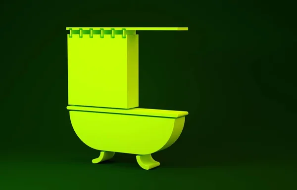 緑の背景に隔離されたオープンシャワーカーテンアイコン付きの黄色のバスタブ。最小限の概念。3Dイラスト3Dレンダリング — ストック写真