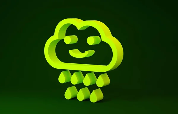 Yellow Cloud with rain icon isolated on green background. Rain cloud precipitation with rain drops. Minimalism concept. 3d illustration 3D render