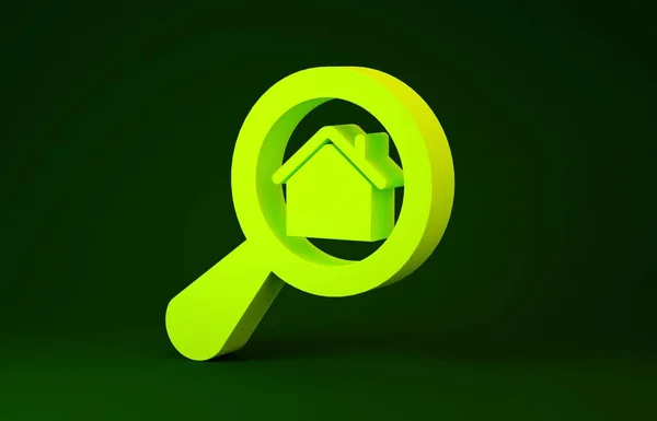 Icono amarillo de la casa de búsqueda aislado sobre fondo verde. Símbolo inmobiliario de una casa bajo lupa. Concepto minimalista. 3D ilustración 3D render — Foto de Stock
