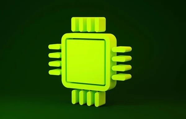 Gelber Computerprozessor mit Mikroschaltungen, CPU-Symbol isoliert auf grünem Hintergrund. Chip oder CPU mit Platinenschild. Mikroprozessor. Minimalismus-Konzept. 3D Illustration 3D Renderer — Stockfoto