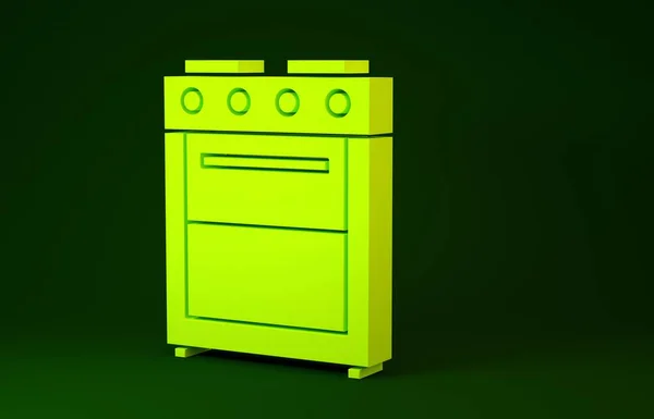 Ícone de forno amarelo isolado no fundo verde. Fogão sinal forno a gás. Conceito de minimalismo. 3D ilustração 3D render — Fotografia de Stock