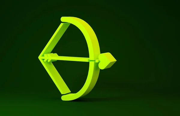 Yellow Bow and arrow icon isolated on green background. Cupid symbol. Love sign. Valentines day concept. Minimalism concept. 3d illustration 3D render — 스톡 사진