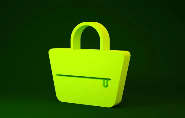 緑の背景に隔離された黄色のハンドバッグアイコン。女性のハンドバッグのサイン。グラマラスカジュアルな手荷物記号。最小限の概念。3Dイラスト3Dレンダリング — ストック写真