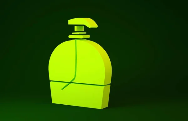 Yellow Bottle of liquid antibacterial soap with dispenser icon isolated on green background. Disinfection, hygiene, skin care. Minimalism concept. 3d illustration 3D render