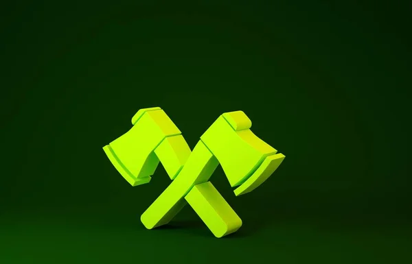Yellow Crossed wooden axe icon isolated on green background. Lumberjack axe. Minimalism concept. 3d illustration 3D render — 스톡 사진