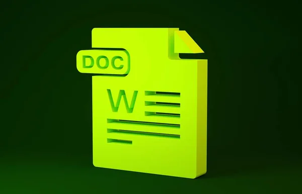 Documento de archivo DOC amarillo. Descargar icono del botón doc aislado sobre fondo verde. símbolo de extensión de archivo DOC. Concepto minimalista. 3D ilustración 3D render — Foto de Stock