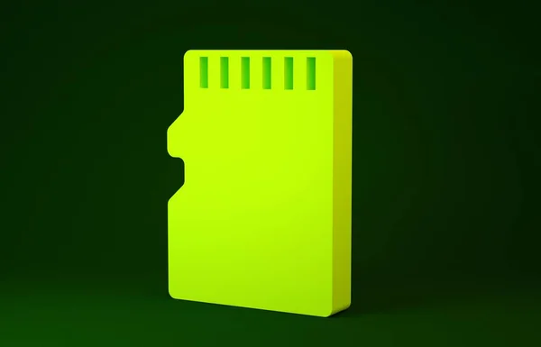 Icono amarillo de la tarjeta de memoria Micro SD aislado sobre fondo verde. Concepto minimalista. 3D ilustración 3D render — Foto de Stock