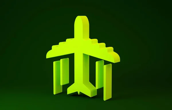 Icono plano amarillo aislado sobre fondo verde. Icono del avión volador. Firma del avión. Concepto minimalista. 3D ilustración 3D render —  Fotos de Stock