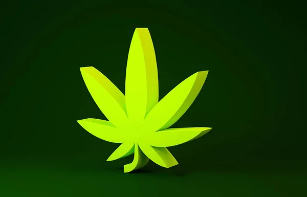 Geel Medicinale marihuana of cannabis blad icoon geïsoleerd op groene achtergrond. Hennep symbool. Minimalisme concept. 3d illustratie 3D renderen — Stockfoto