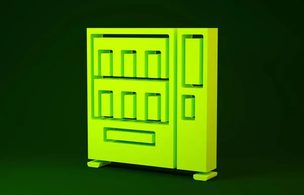 Gelber Verkaufsautomat für Lebensmittel und Getränke, Symbol isoliert auf grünem Hintergrund. Minimalismus-Konzept. 3D Illustration 3D Renderer — Stockfoto