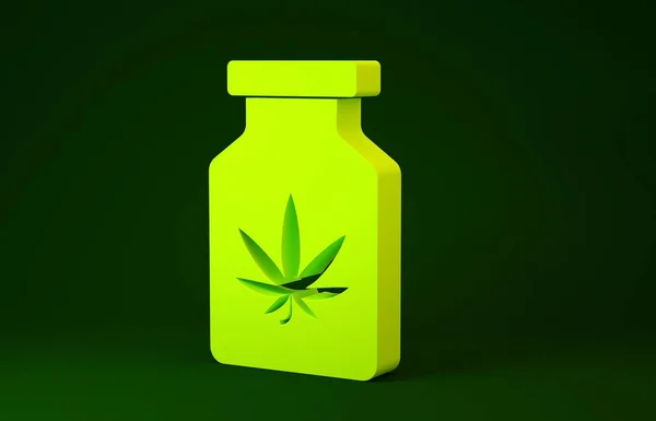 Yeşil arka planda marihuana ya da kenevir yaprağı ikonu bulunan sarı tıbbi şişe. Kavanozlardaki kenevir yağı özlerini taklit et. Minimalizm kavramı. 3d illüstrasyon 3B canlandırma — Stok fotoğraf