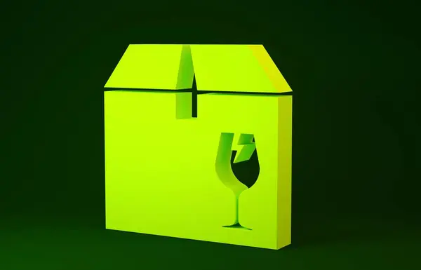 Caixa de pacote de entrega amarela com símbolo de conteúdo frágil do ícone de vidro quebrado isolado no fundo verde. Caixa, pacote, sinal de encomenda. Conceito de minimalismo. 3D ilustração 3D render — Fotografia de Stock