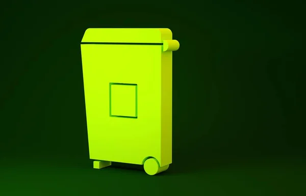 Ícone de lata de lixo amarelo isolado no fundo verde. Sinal de lixeira. Ícone da cesta de reciclagem. Ícone de lixo do escritório. Conceito de minimalismo. 3D ilustração 3D render — Fotografia de Stock