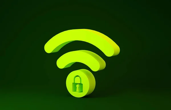 Желтый значок блокировки Wi-Fi выделен на зеленом фоне. Пароль Wi-Fi символ. Значок беспроводной сети. Зона Wi-Fi. Концепция минимализма. 3D-рендеринг — стоковое фото