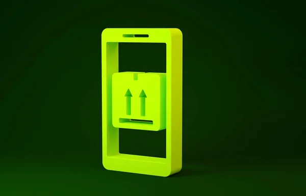 Uygulama dağıtım ikonuna sahip sarı mobil akıllı telefon yeşil arkaplanda izole edildi. Paket takibi. Minimalizm kavramı. 3d illüstrasyon 3d canlandırma — Stok fotoğraf
