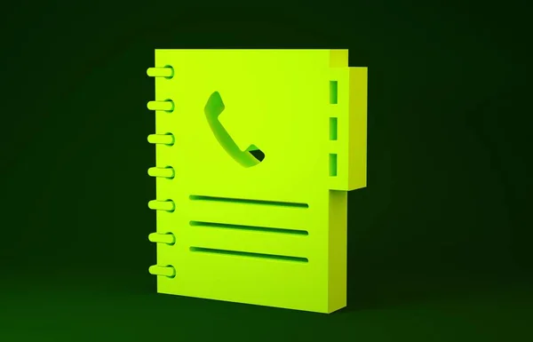 Yellow Phone book icon isolated on green background. Address book. Telephone directory. Minimalism concept. 3d illustration 3D render — Stock Photo, Image