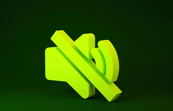 Yellow Speaker mute icon isolated on green background. No sound icon. Volume Off symbol. Minimalism concept. 3d illustration 3D render