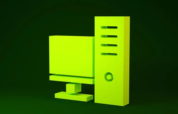 Ícone de monitor de computador amarelo isolado no fundo verde. Assinatura do componente do PC. Conceito de minimalismo. 3D ilustração 3D render — Fotografia de Stock