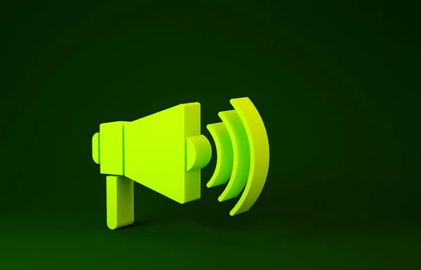Gul megafon ikon isolerad på grön bakgrund. Höga tal varningskoncept. Bullhorn för munstycket skriker befordran. Minimalistiskt koncept. 3D-illustration 3D-återgivning — Stockfoto