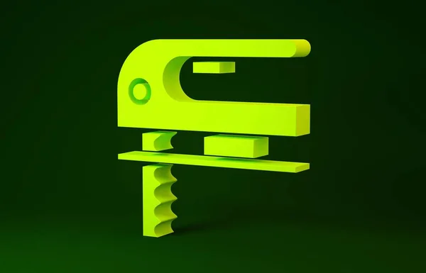 Yellow Electric jigsaw with steel sharp blade icon isolated on green background. Power tool for woodwork. Minimalism concept. 3d illustration 3D render
