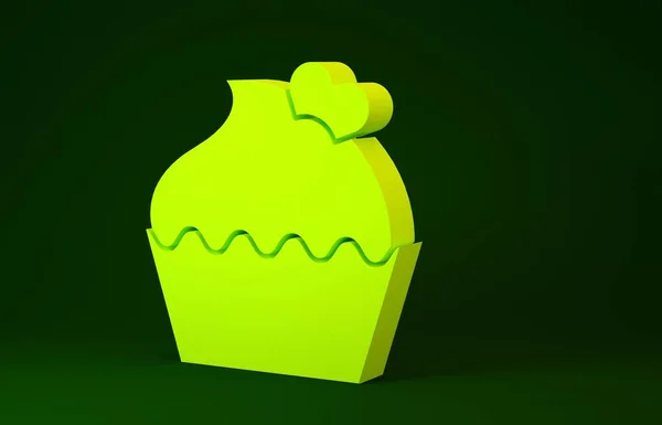 Yeşil arka planda kalp ikonu olan sarı düğün pastası. Sevgililer Günü sembolü. Minimalizm kavramı. 3d illüstrasyon 3d canlandırma — Stok fotoğraf