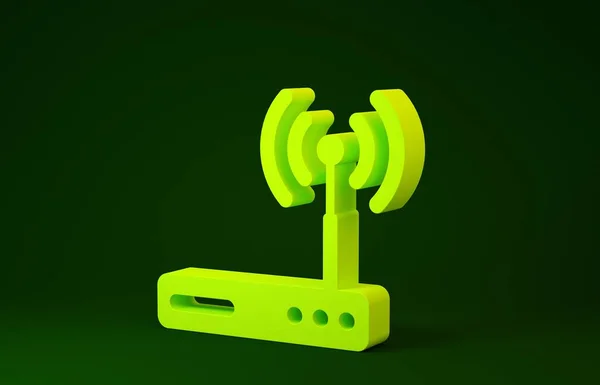 Ikona symbolu žlutého směrovače a wi-fi signálu izolovaná na zeleném pozadí. Bezdrátový router modemu Ethernet. Počítačová technologie internet. Minimalismus. 3D ilustrace 3D vykreslení — Stock fotografie