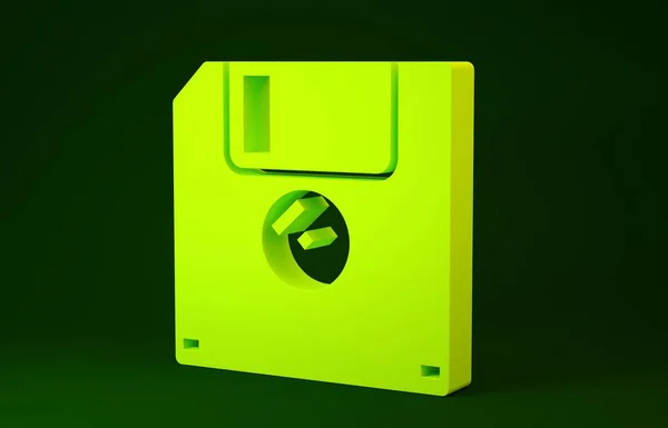 用于计算机数据存储图标的黄色软盘,在绿色背景下隔离.软磁盘的标志。最低纲领的概念。3d说明3d — 图库照片