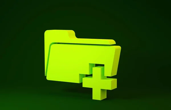 Amarillo Añadir nuevo icono de carpeta aislado sobre fondo verde. Nuevo signo de archivo de carpeta. Copia el icono del documento. Agregar adjuntar crear carpeta hacer nuevo icono plus. Concepto minimalista. 3D ilustración 3D render —  Fotos de Stock